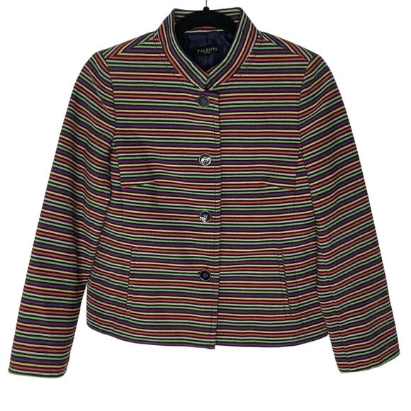Talbots Woman Jacket Stripe Green Orange Multi Buttons Lined Size 4 petite - Picture 1 of 5